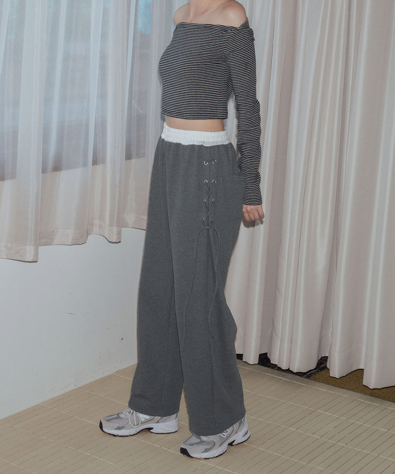 サイドリボンウエスト切り替えスウェットパンツ