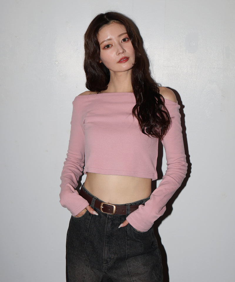オフショルクロップドロングスリーブTシャツ