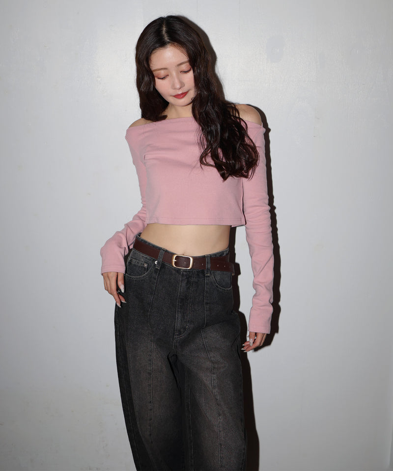 オフショルクロップドロングスリーブTシャツ