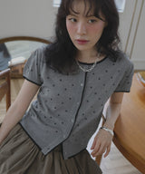 配色ドット柄半袖ニットトップス