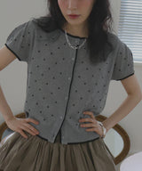 配色ドット柄半袖ニットトップス
