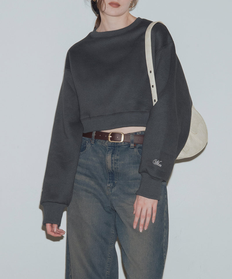 袖刺繍クロップド丈クルーネック裏起毛スウェット
