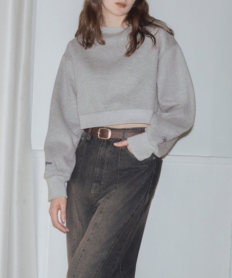 袖刺繍クロップド丈クルーネック裏起毛スウェット