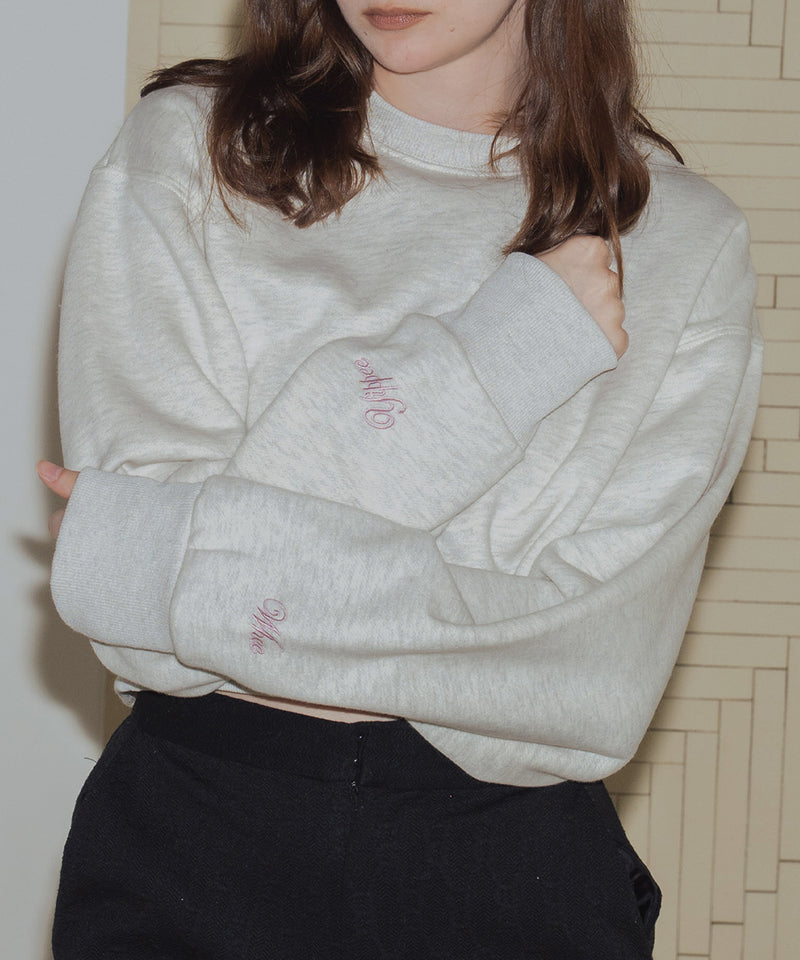 袖刺繍クロップド丈クルーネック裏起毛スウェット