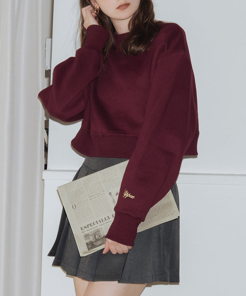 袖刺繍クロップド丈クルーネック裏起毛スウェット