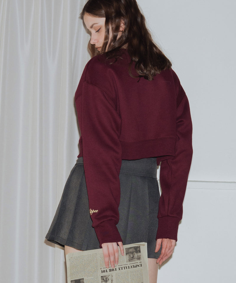 袖刺繍クロップド丈クルーネック裏起毛スウェット