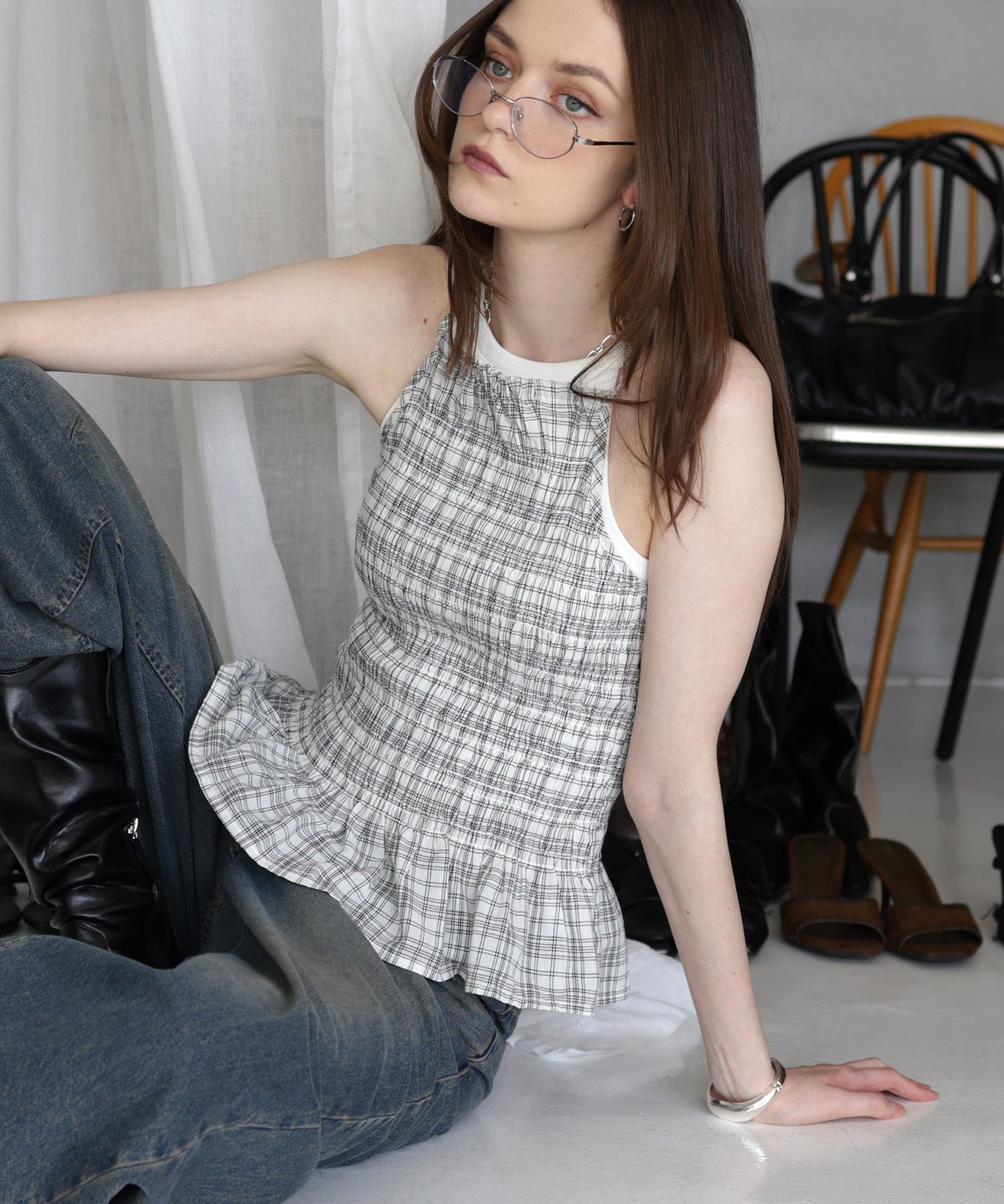 ホルターネックチェックペプラムトップス – Mili