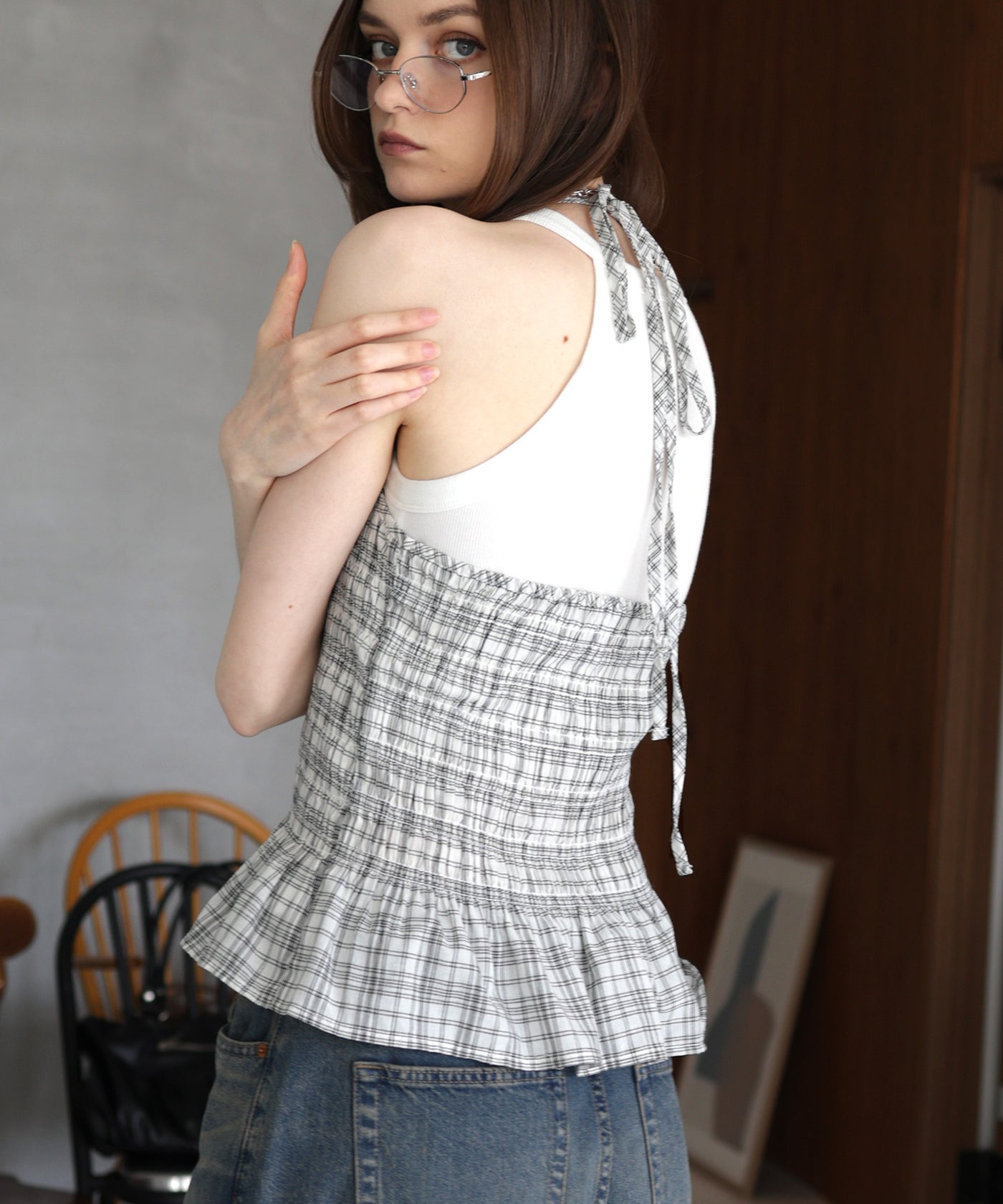 ホルターネックチェックペプラムトップス – Mili