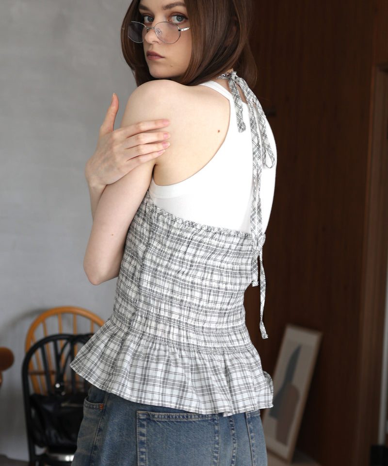 ホルターネックチェックペプラムトップス – Mili