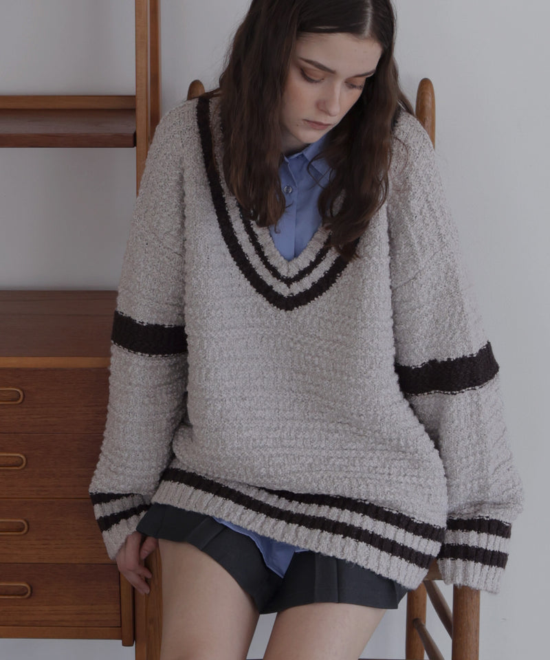 オーバーサイズVネックバイカラーラインニット