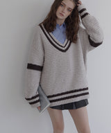 オーバーサイズVネックバイカラーラインニット