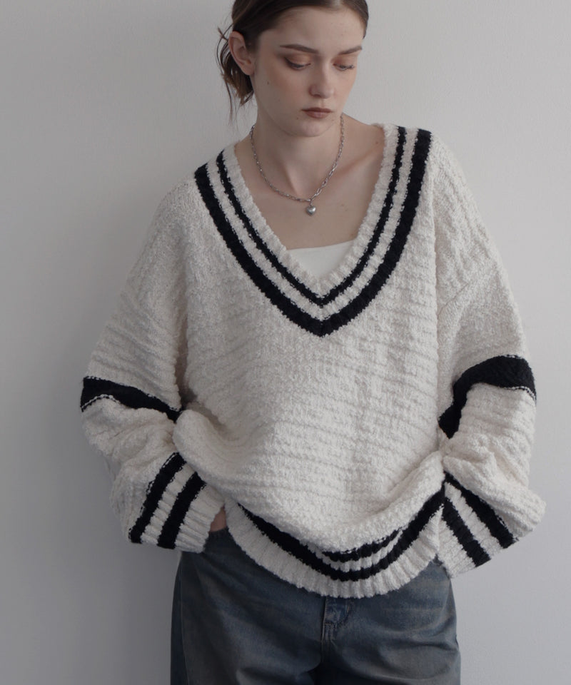 オーバーサイズVネックバイカラーラインニット