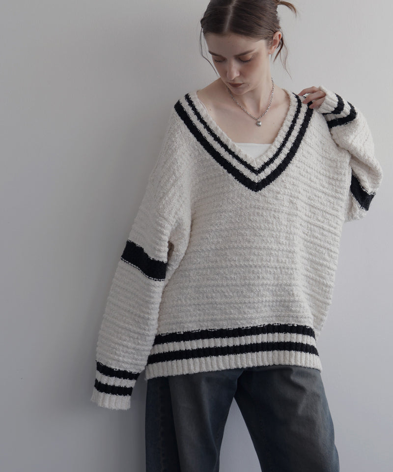 オーバーサイズVネックバイカラーラインニット