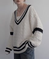 オーバーサイズVネックバイカラーラインニット
