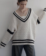 オーバーサイズVネックバイカラーラインニット