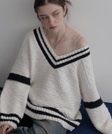 オーバーサイズVネックバイカラーラインニット