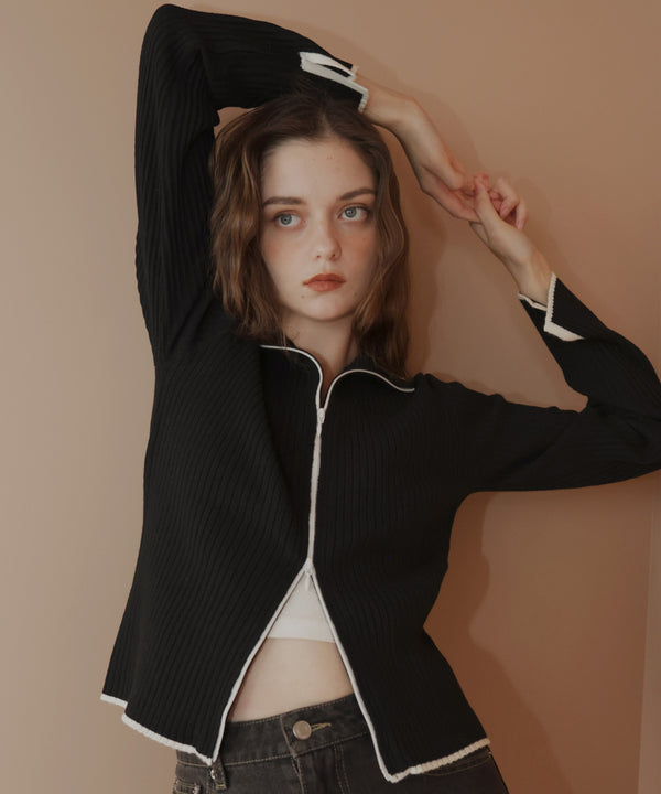 バイカラーダブルジップリブポロニットカーディガン