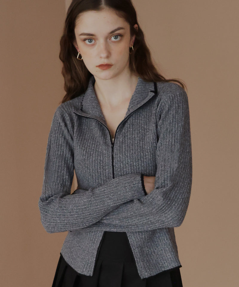 バイカラーダブルジップリブポロニットカーディガン