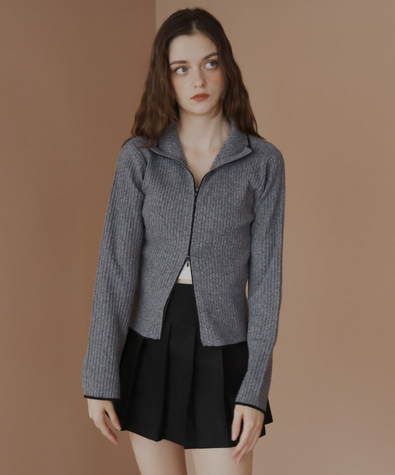 バイカラーダブルジップリブポロニットカーディガン