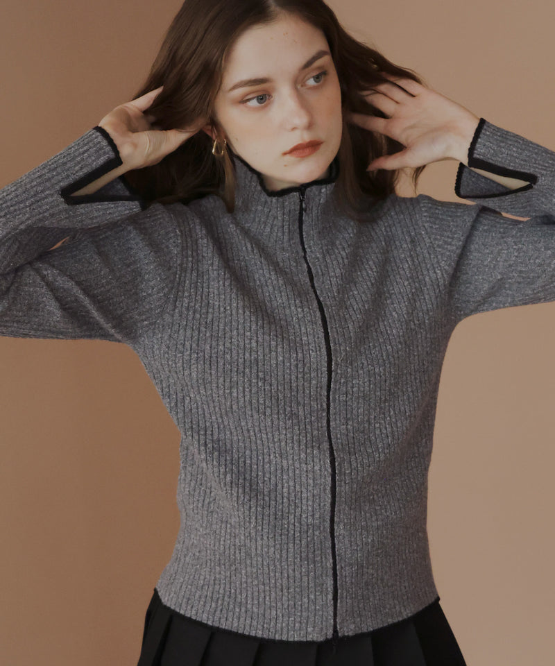 バイカラーダブルジップリブポロニットカーディガン