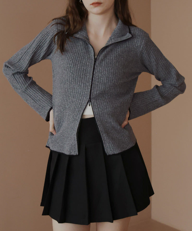 バイカラーダブルジップリブポロニットカーディガン