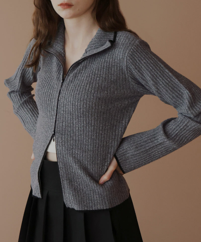 バイカラーダブルジップリブポロニットカーディガン