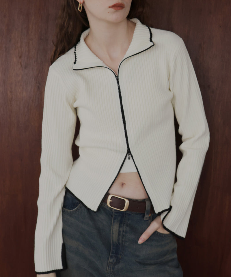 バイカラーダブルジップリブポロニットカーディガン