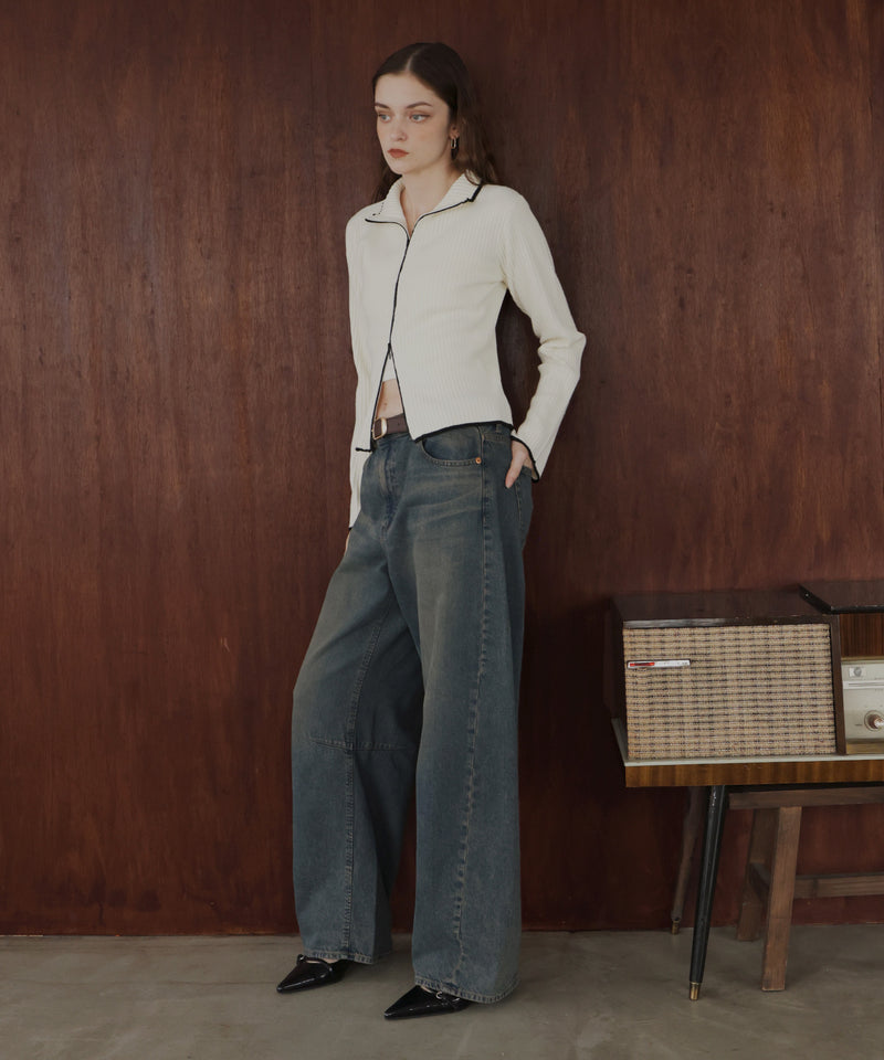 バイカラーダブルジップリブポロニットカーディガン