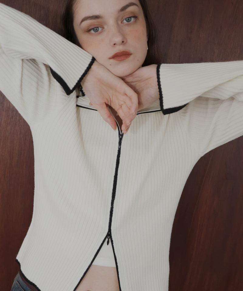 バイカラーダブルジップリブポロニットカーディガン