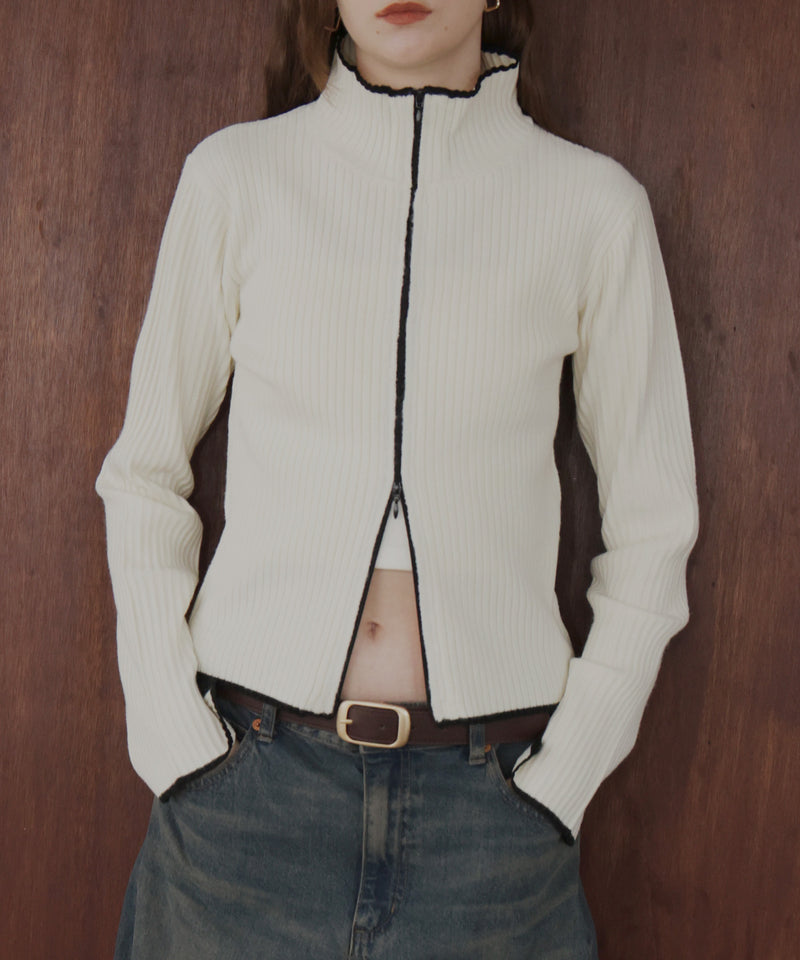 バイカラーダブルジップリブポロニットカーディガン