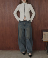 バイカラーダブルジップリブポロニットカーディガン