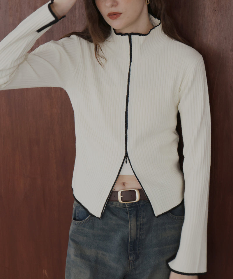 バイカラーダブルジップリブポロニットカーディガン