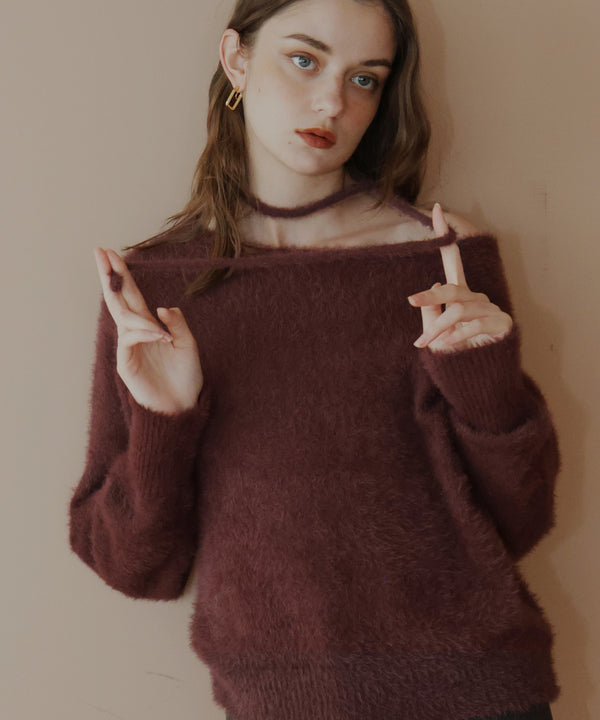 チョーカー付きシャギーニットトップス