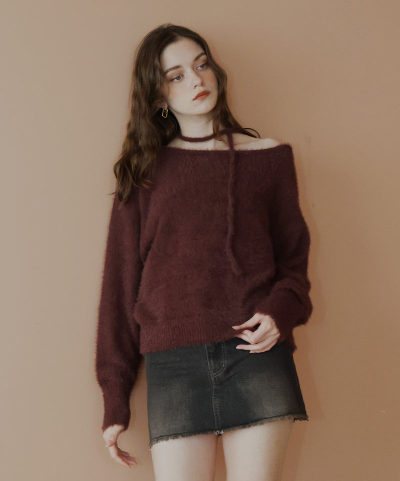 チョーカー付きシャギーニットトップス