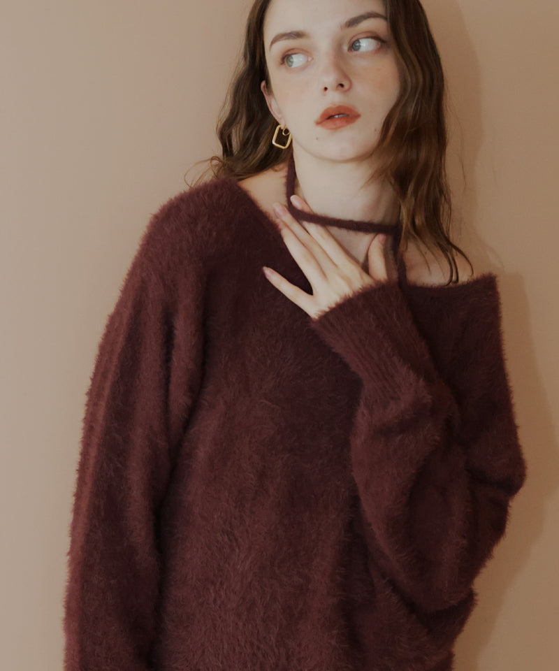 チョーカー付きシャギーニットトップス