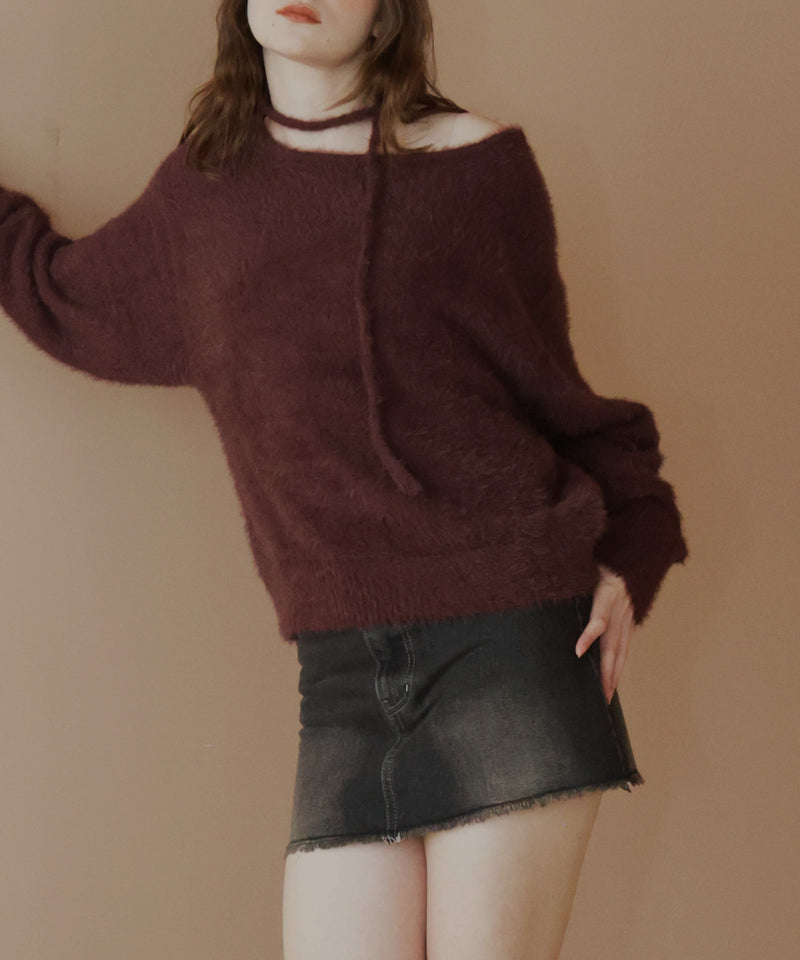 チョーカー付きシャギーニットトップス