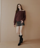 チョーカー付きシャギーニットトップス