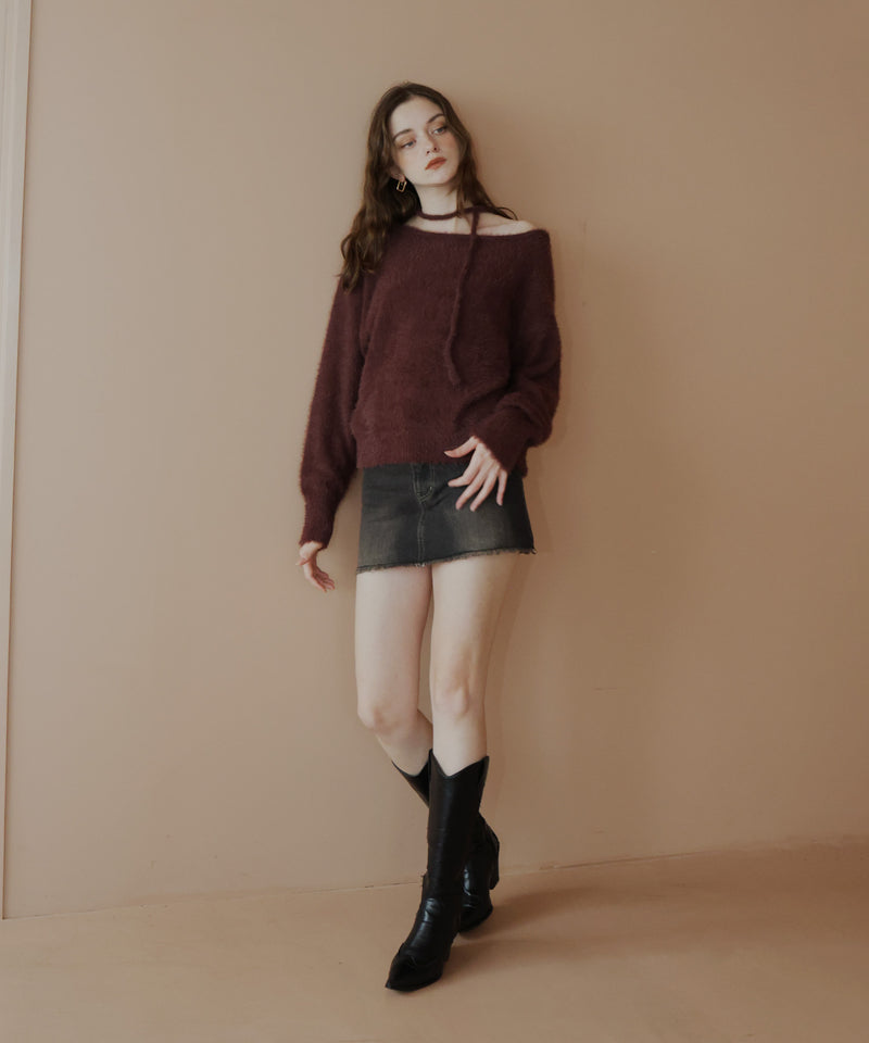 チョーカー付きシャギーニットトップス