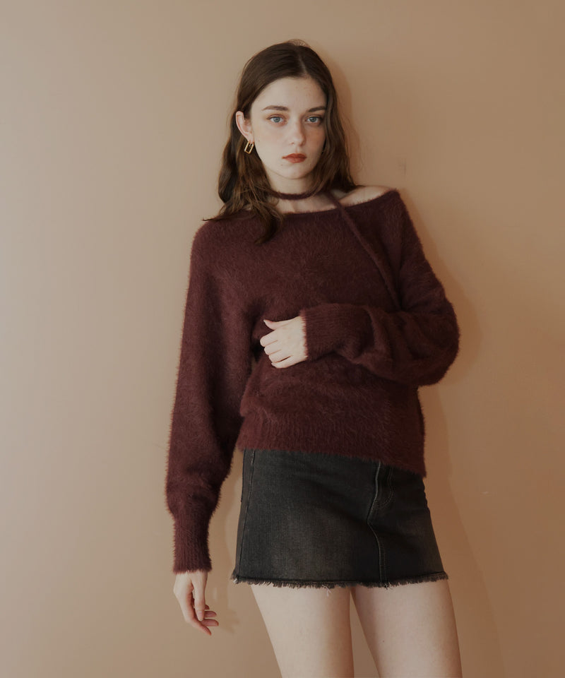 チョーカー付きシャギーニットトップス