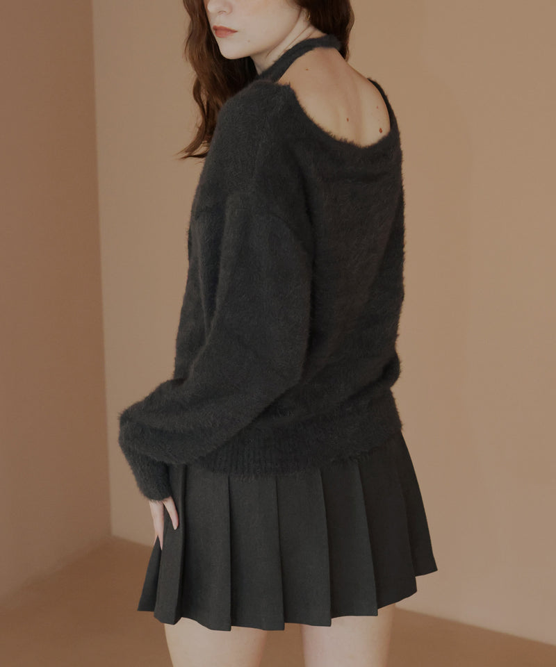 チョーカー付きシャギーニットトップス