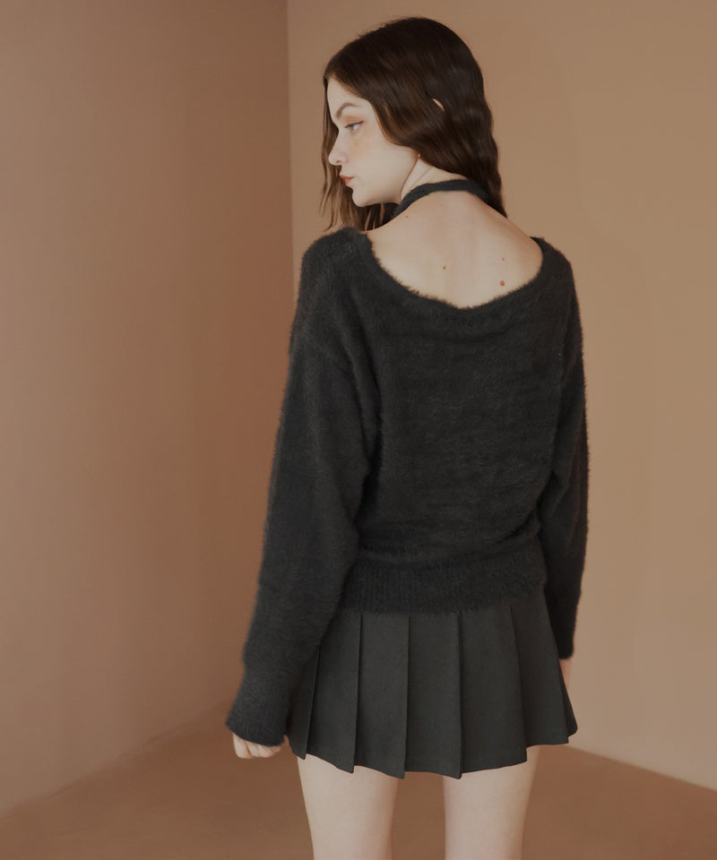 チョーカー付きシャギーニットトップス