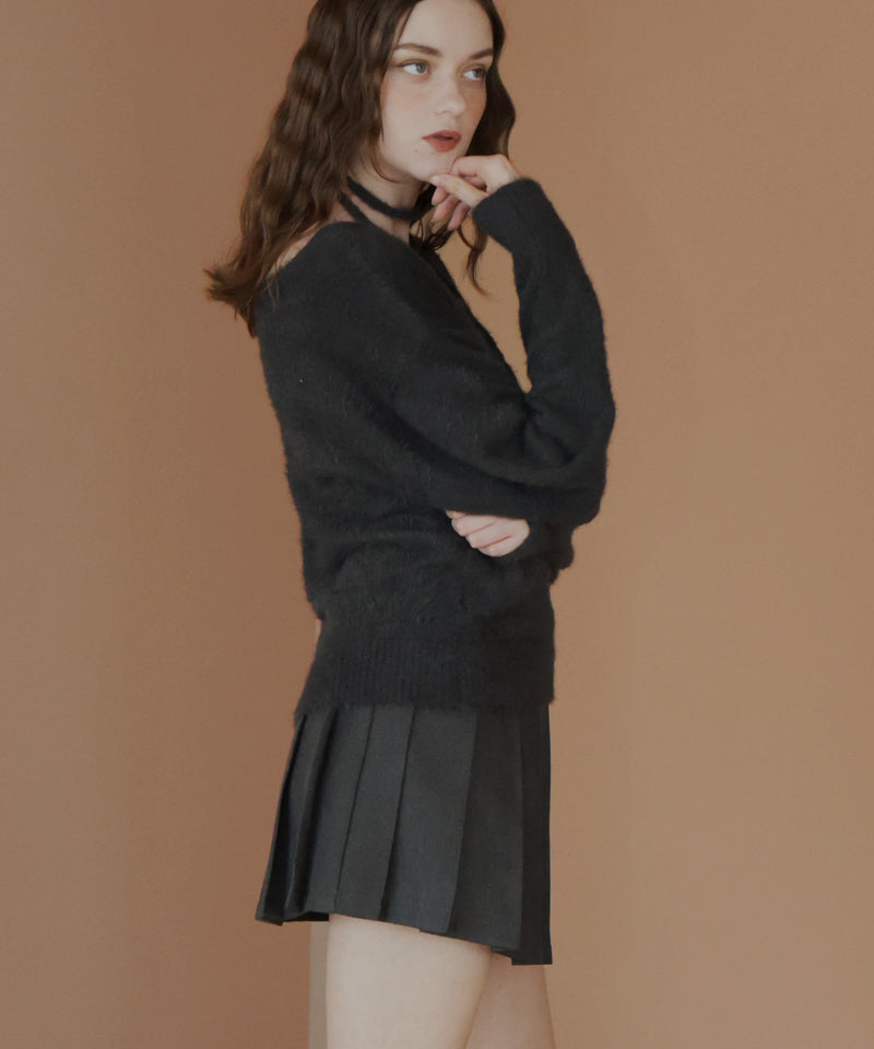 チョーカー付きシャギーニットトップス