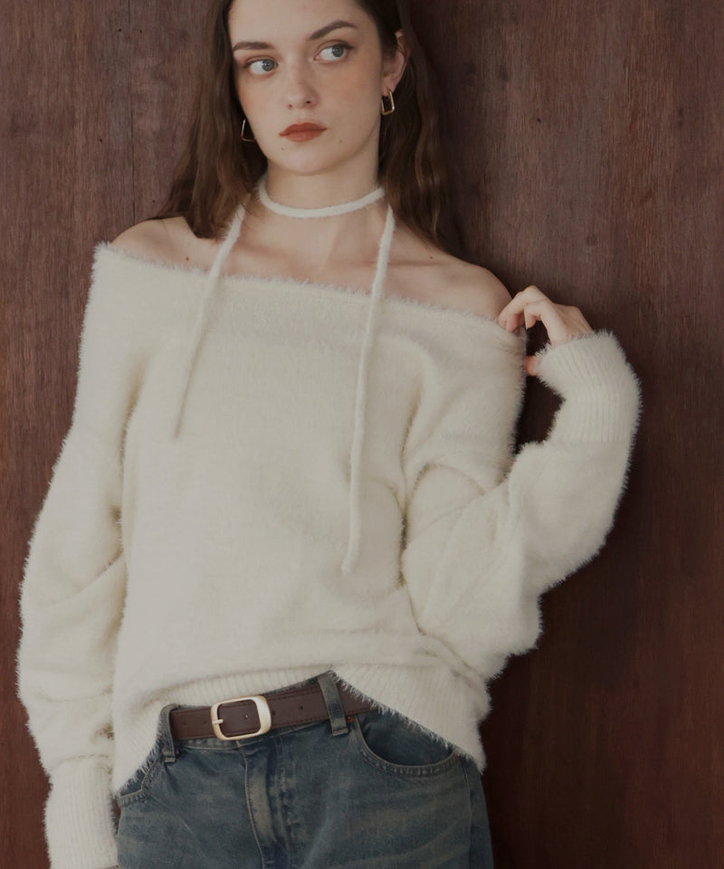 チョーカー付きシャギーニットトップス