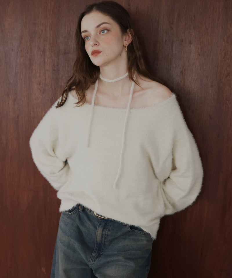 チョーカー付きシャギーニットトップス