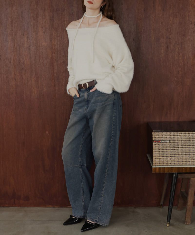 チョーカー付きシャギーニットトップス