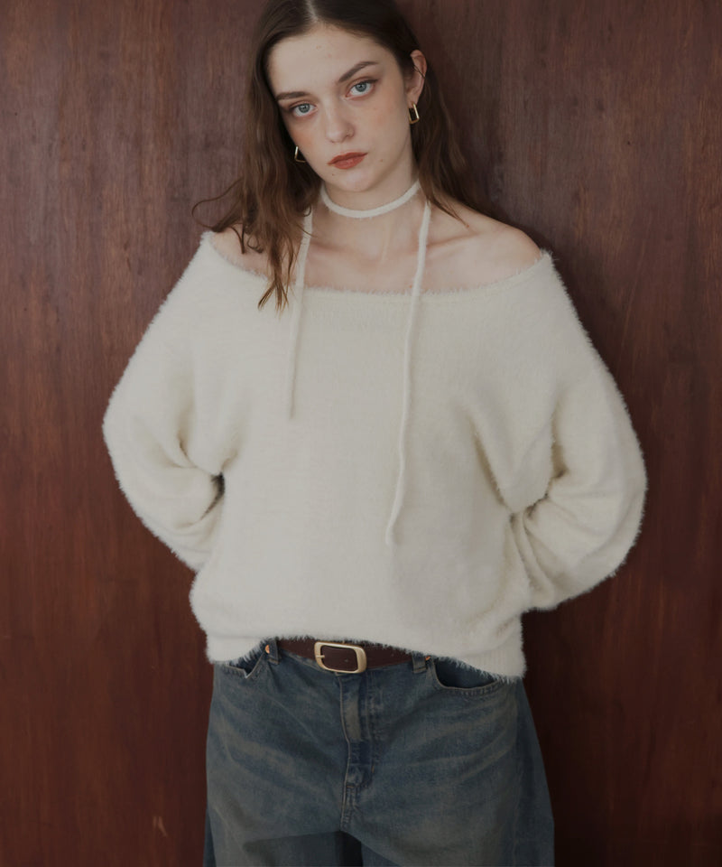 チョーカー付きシャギーニットトップス