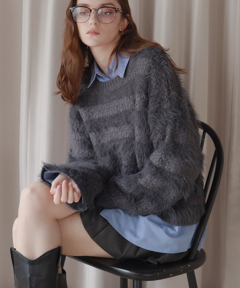 【12月上旬お届け商品】オーバーサイズシャギーボーダーニット