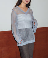 【しょちゃんコラボ】スパンコール透かし編みＶネックニット