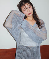 【しょちゃんコラボ】スパンコール透かし編みＶネックニット