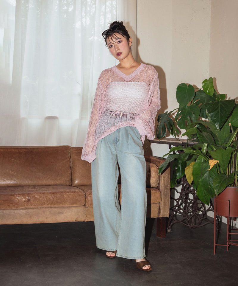 再入荷【しょちゃんコラボ】スパンコール透かし編みVネックニット – Mili